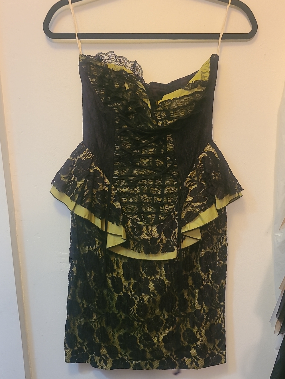 Black Lace Overlay Peplum Dress with Lime Underlay